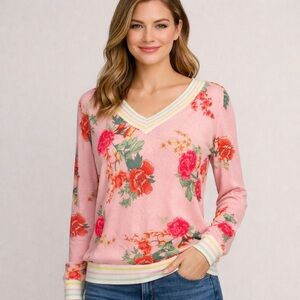 FDJ French Dressing Jeans Pink Floral V-Neck Printed Sweater Top Sz S